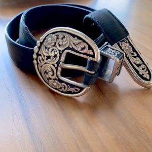 vintage leather belt with engraved metal